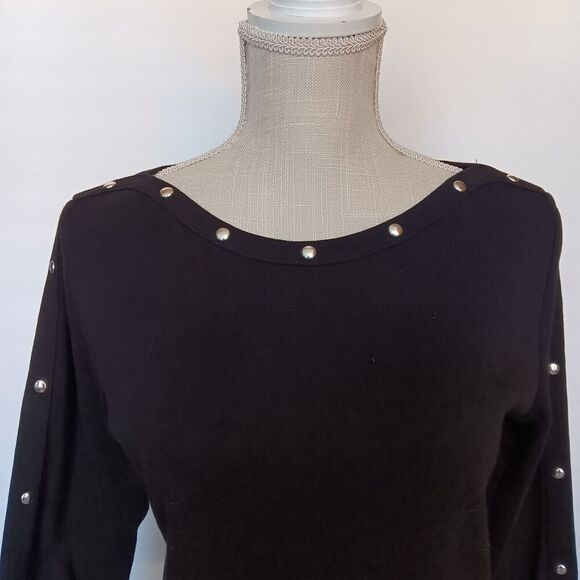Rafaella Size S Black Boatneck Fitted Top with 3/4 Sleeve and Stud Detail - Picture 2 of 8